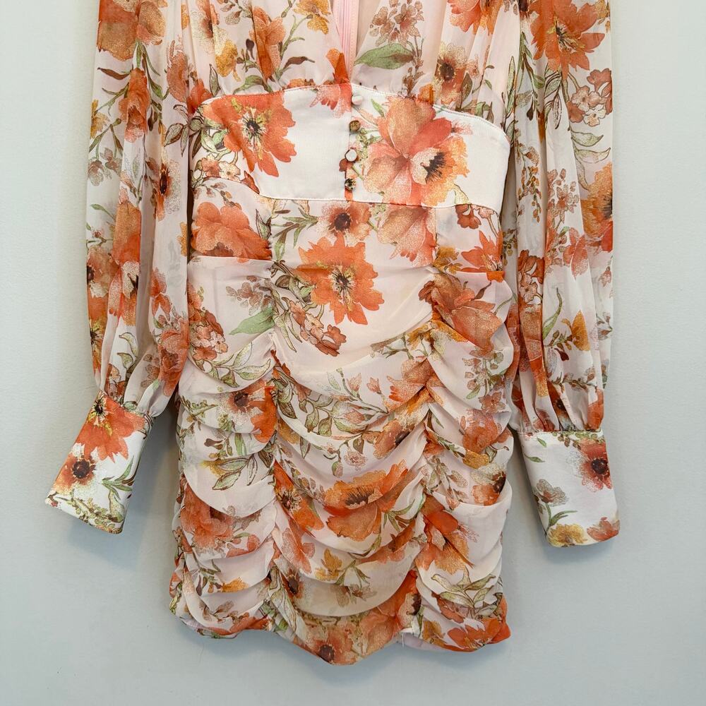 Seven Wonders Mini Ruched Dress XS Pink Floral Resortwear Feminine Romantic Boho - Picture 5 of 7